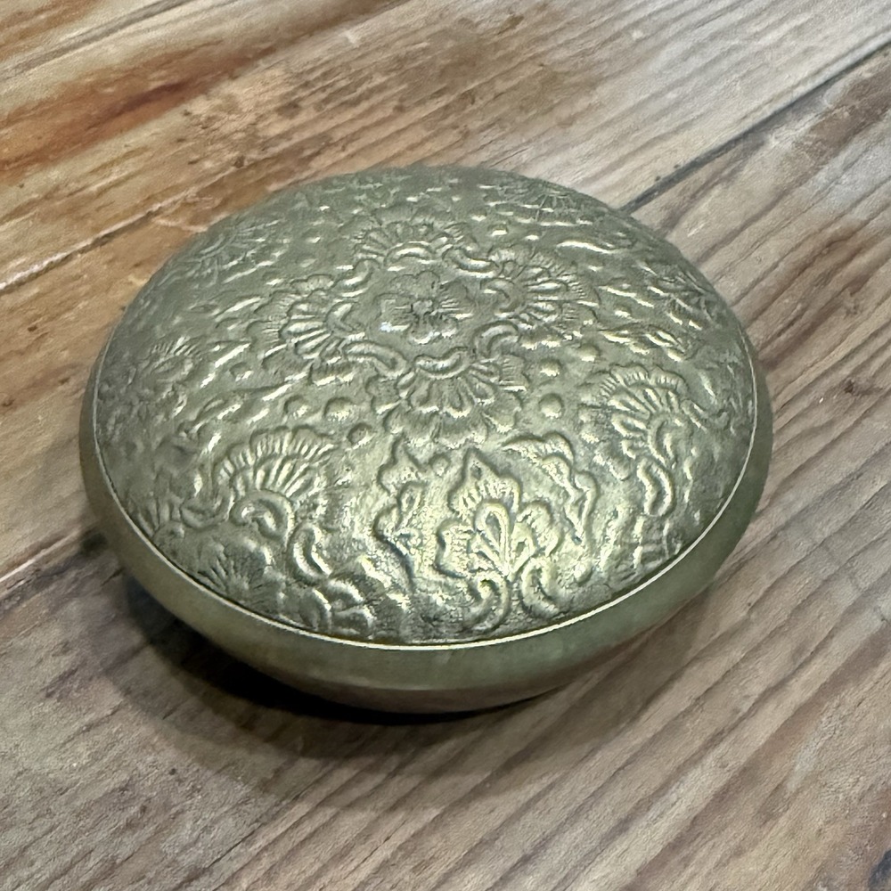 Vintage Korean Brass Trinket Box Covered Dish Floral Embossed Made in Korea 4”